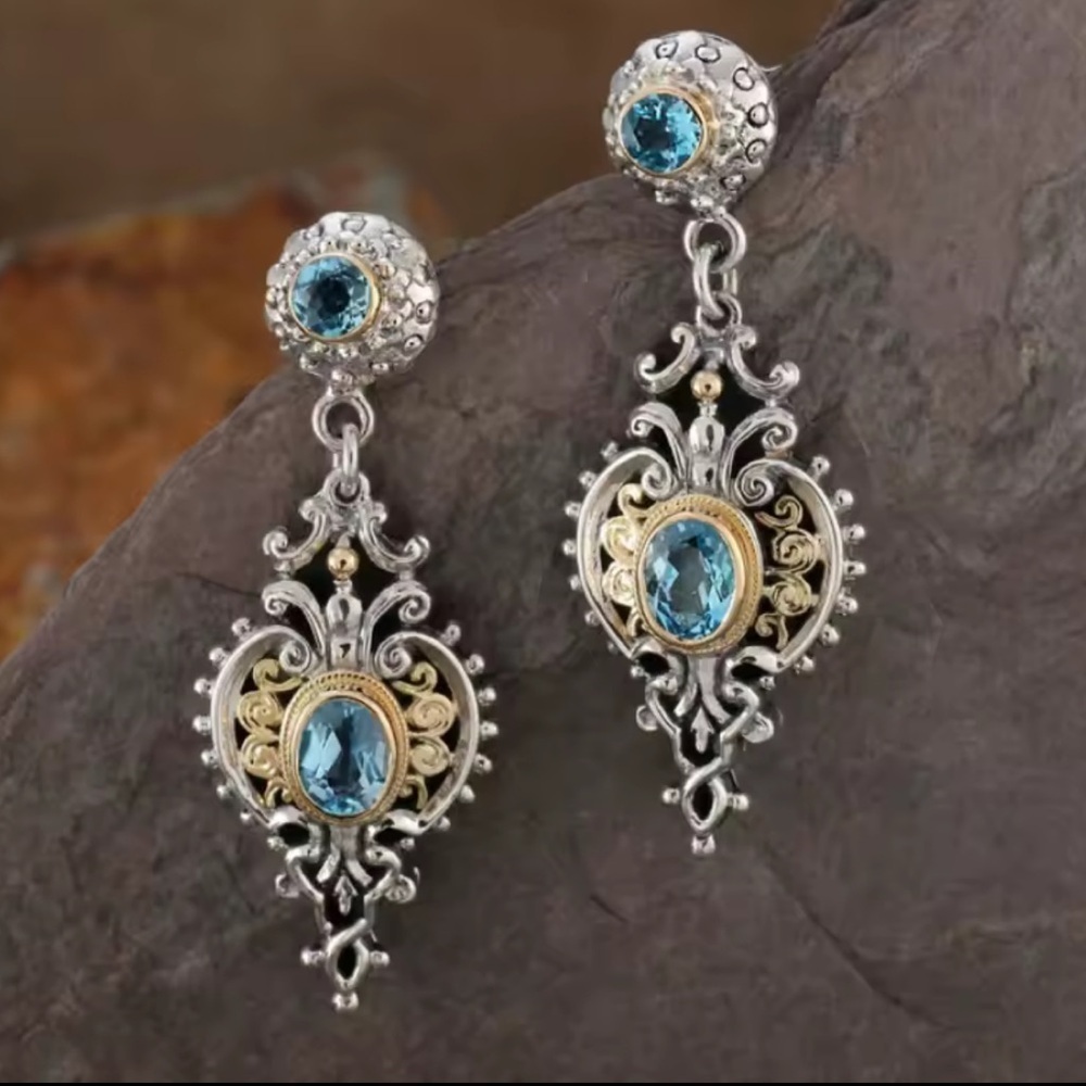 Victorian Blue Crystal Silver Drop Earrings - Picture 3 of 6